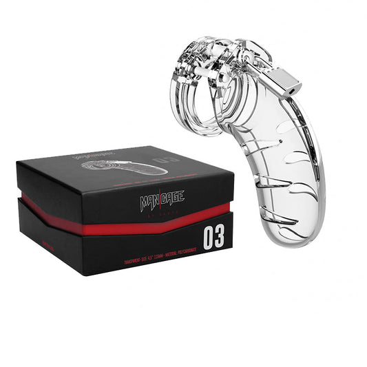 SHOTS MANCAGE MODEL 03 ADJUSTABLE 4.5 IN. CHASTITY COCK CAGE CLEAR