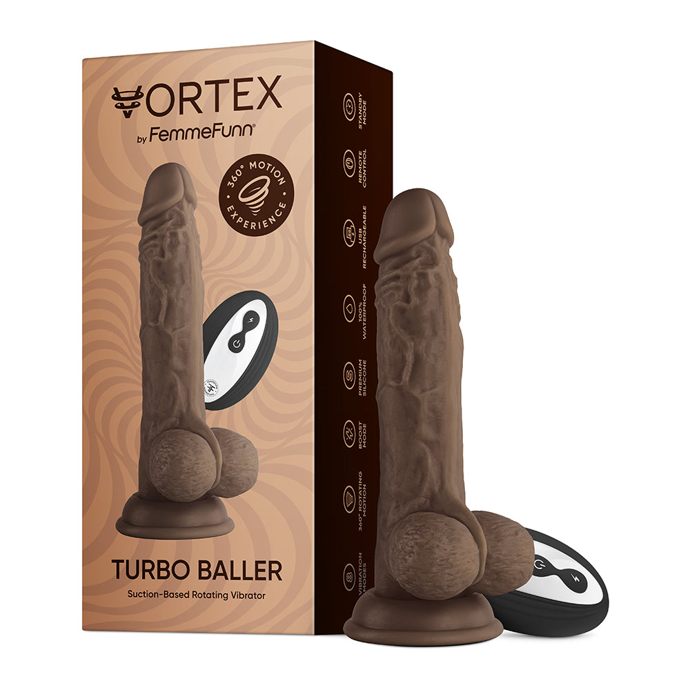 FEMMEFUNN VORTEX TURBO BALLER 2.0 8.25 IN. VIBRATING ROTATING DILDO BROWN