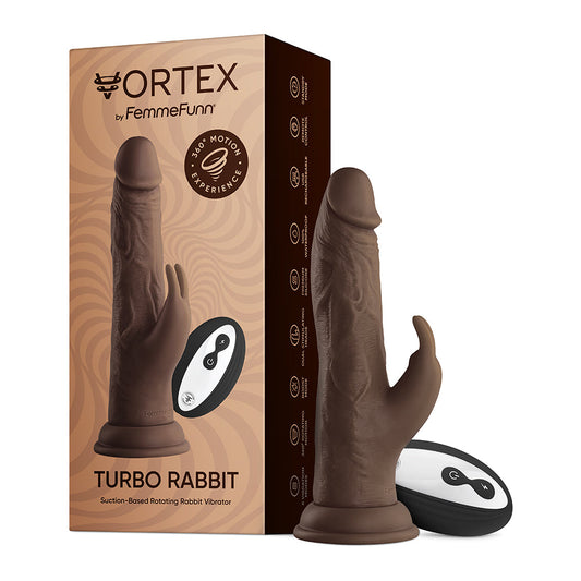 FEMMEFUNN VORTEX TURBO RABBIT 2.0 8 IN. DUAL STIMULATION VIBRATING DILDO BROWN