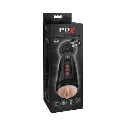 PDX BRANDS - PDX ELITE DIRTY TALK RECHARGEABLE VIBRATING STARTER STROKER WITH HANDS-FREE SUCTION CUP BEIGE/BLACK