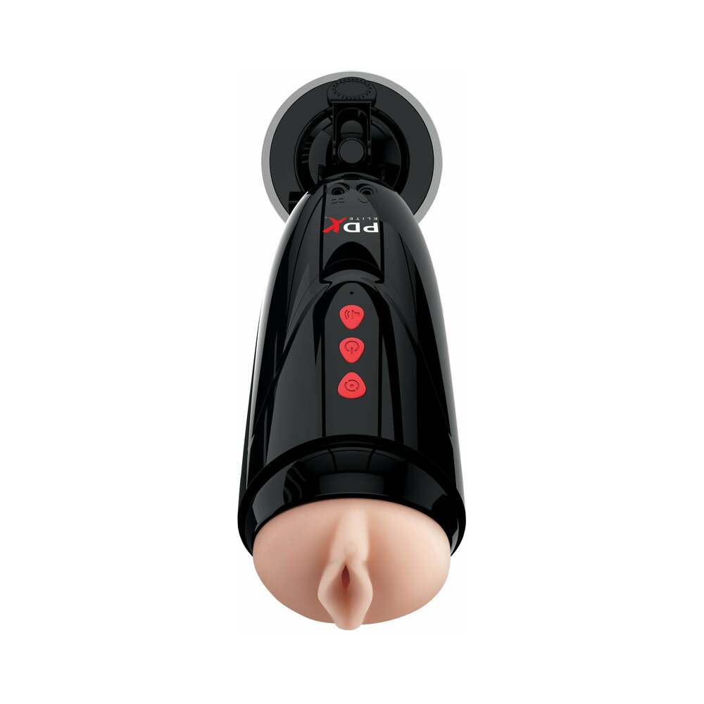 PDX BRANDS - PDX ELITE DIRTY TALK RECHARGEABLE VIBRATING STARTER STROKER WITH HANDS-FREE SUCTION CUP BEIGE/BLACK