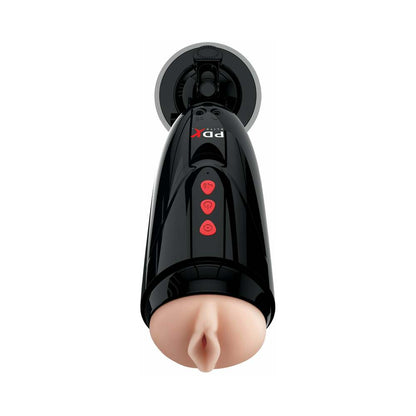 PDX BRANDS - PDX ELITE DIRTY TALK RECHARGEABLE VIBRATING STARTER STROKER WITH HANDS-FREE SUCTION CUP BEIGE/BLACK