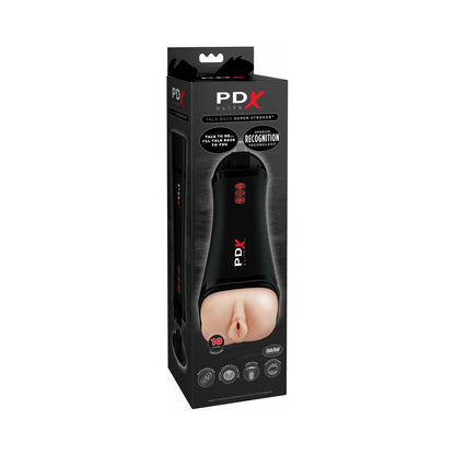 PDX ELITE TALK-BACK RECHARGEABLE VIBRATING SUPER STROKER WITH HANDS-FREE SUCTION CUP BEIGE/BLACK