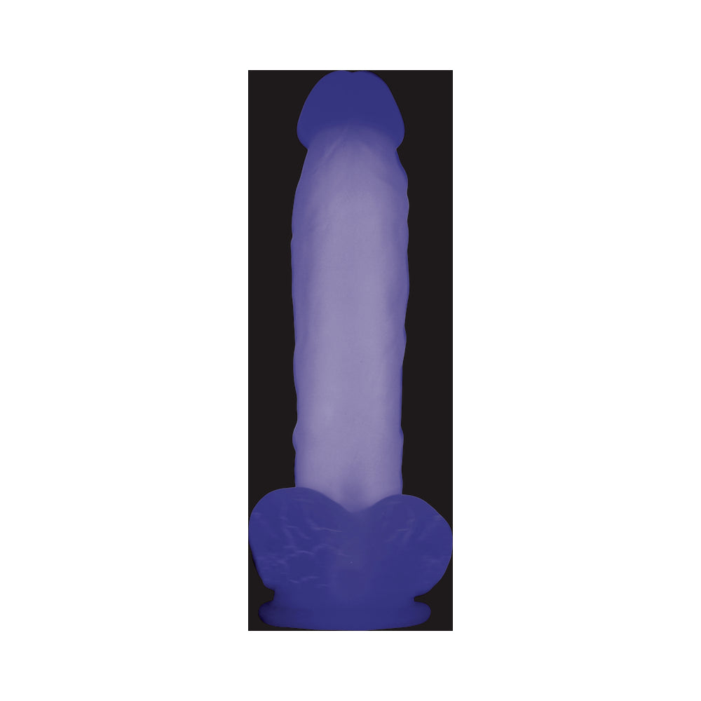 EVOLVED LUMINOUS POSEABLE GLOW IN THE DARK 8 IN. DILDO WITH BALLS CLEAR/PURPLE