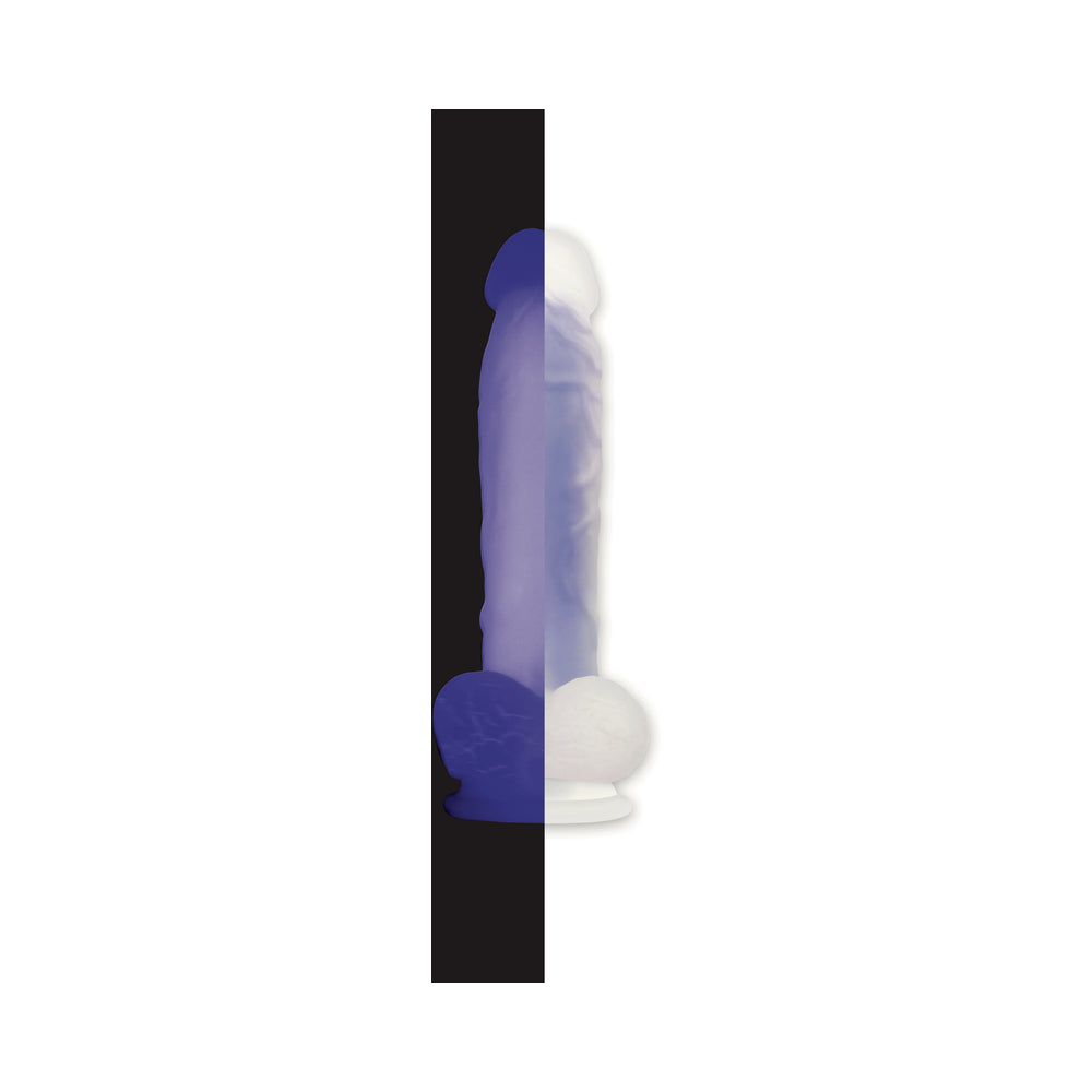 EVOLVED LUMINOUS POSEABLE GLOW IN THE DARK 8 IN. DILDO WITH BALLS CLEAR/PURPLE