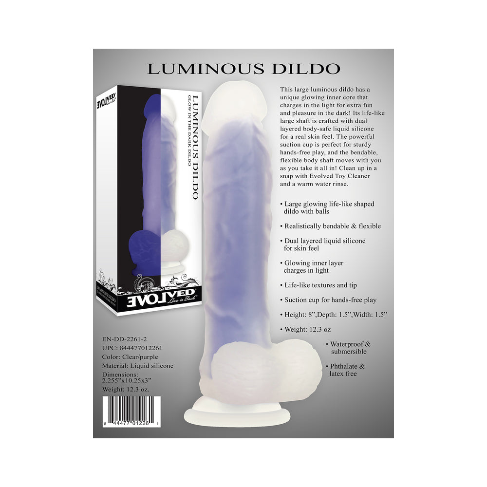 EVOLVED LUMINOUS POSEABLE GLOW IN THE DARK 8 IN. DILDO WITH BALLS CLEAR/PURPLE