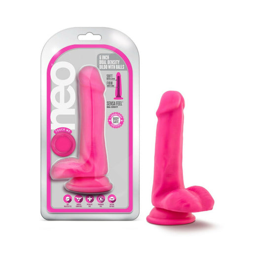 NEO 6 IN. DUAL DENSITY DILDO WITH BALLS NEON PINK