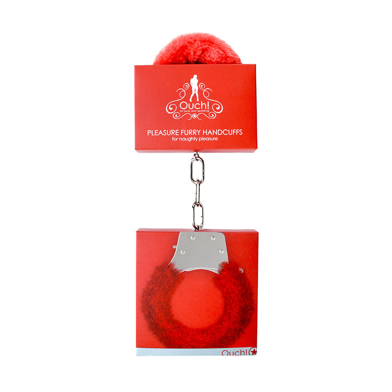 OUCH! PLEASURE FURRY HANDCUFFS WITH QUICK-RELEASE RED
