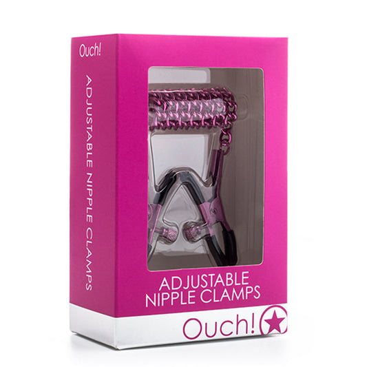 OUCH! ADJUSTABLE METAL NIPPLE CLAMPS WITH CHAIN PINK