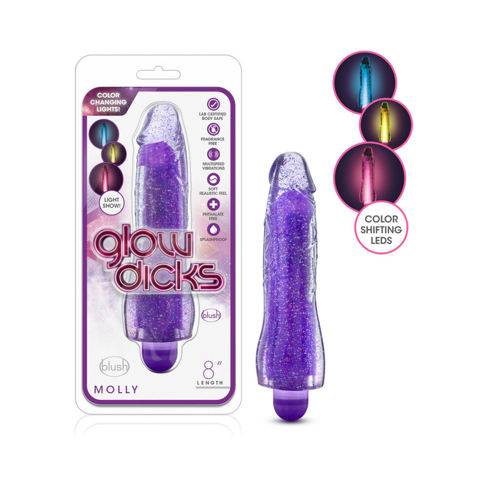 GLOW DICKS MOLLY COLOR CHANGING 8 IN. VIBRATING DILDO GLITTER PURPLE