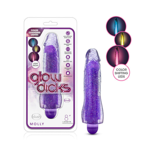 GLOW DICKS MOLLY COLOR CHANGING 8 IN. VIBRATING DILDO GLITTER PURPLE