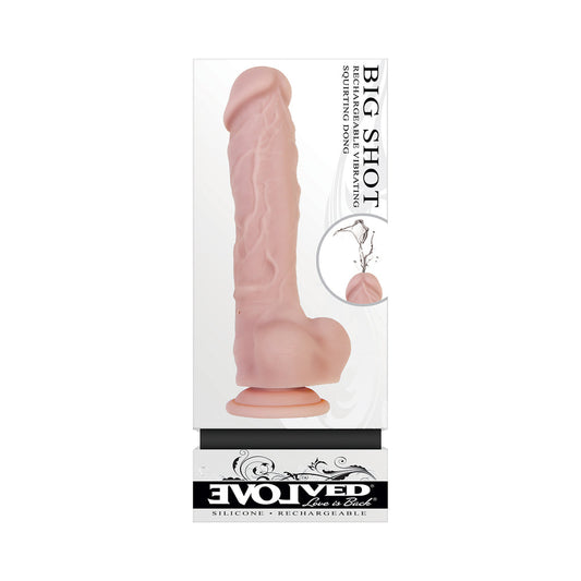 EVOLVED BIG SHOT RECHARGEABLE VIBRATING 8 IN. SILICONE SQUIRTING DILDO BEIGE