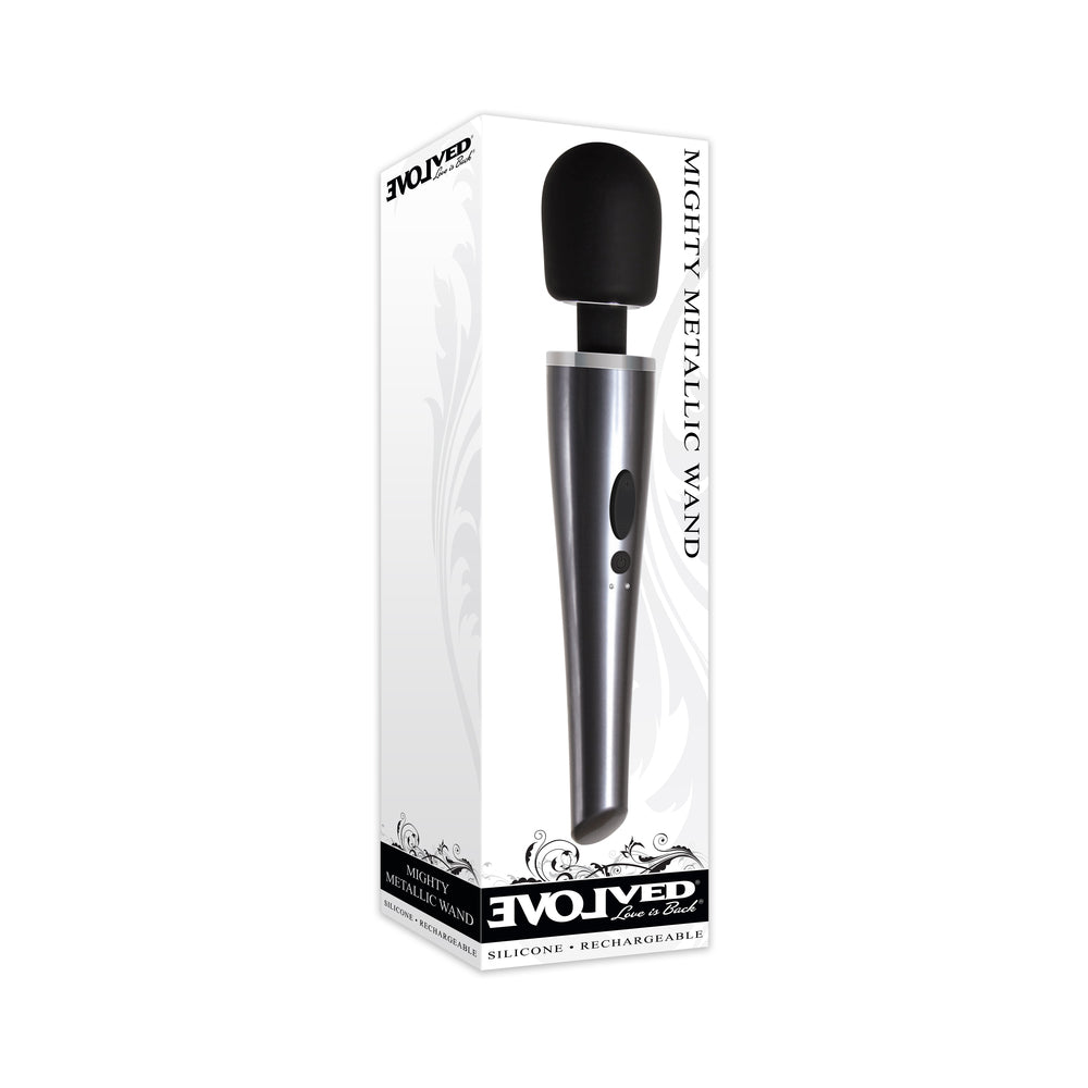 EVOLVED - MIGHTY METALLIC WAND RECHARGEABLE SILICONE WAND VIBRATOR CHROME/BLACK