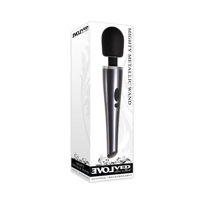 EVOLVED - MIGHTY METALLIC WAND RECHARGEABLE SILICONE WAND VIBRATOR CHROME/BLACK