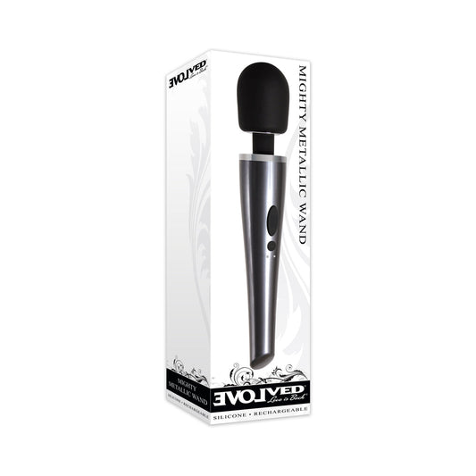 EVOLVED - MIGHTY METALLIC WAND RECHARGEABLE SILICONE WAND VIBRATOR CHROME/BLACK