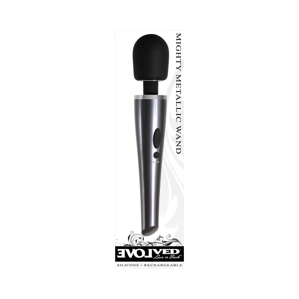EVOLVED - MIGHTY METALLIC WAND RECHARGEABLE SILICONE WAND VIBRATOR CHROME/BLACK