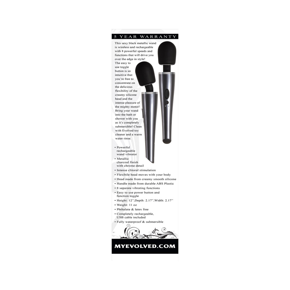 EVOLVED - MIGHTY METALLIC WAND RECHARGEABLE SILICONE WAND VIBRATOR CHROME/BLACK