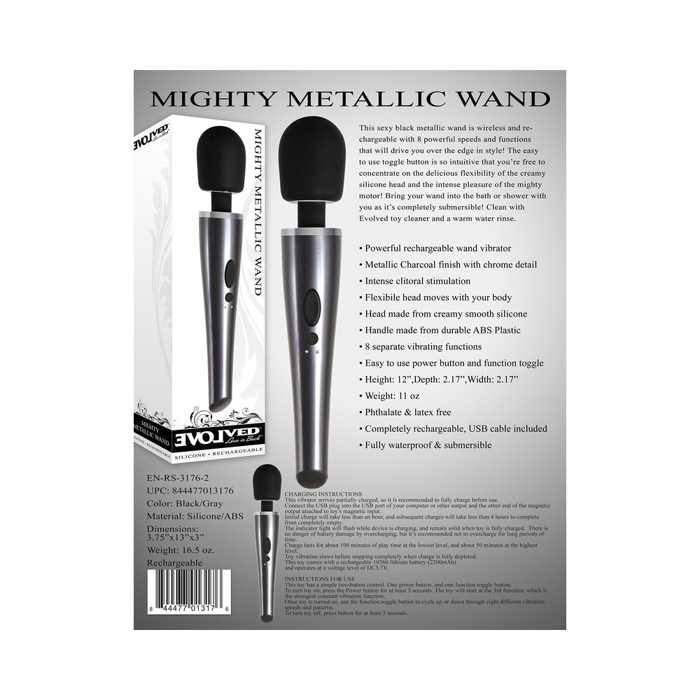 EVOLVED - MIGHTY METALLIC WAND RECHARGEABLE SILICONE WAND VIBRATOR CHROME/BLACK
