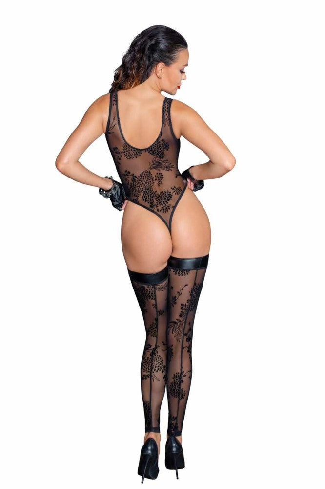 NOIR HANDMADE - TULLE BODY WITH PATTERNED FLOCK EMBROIDERY - M