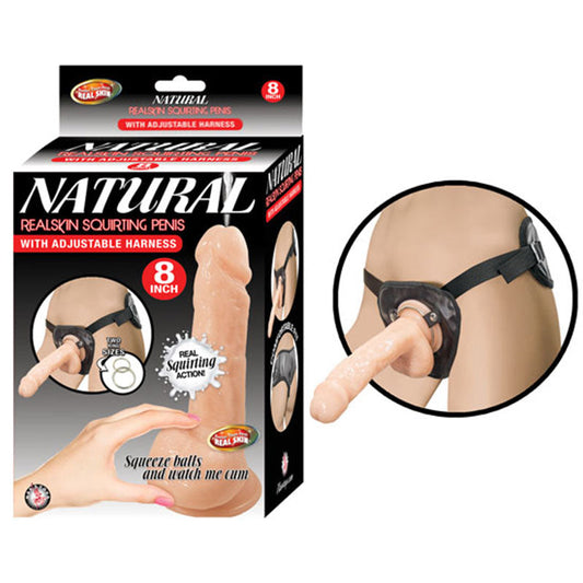 NATURAL REALSKIN SQUIRTING PENIS W/ADJUSTABLE HARNESS 8IN FLESH