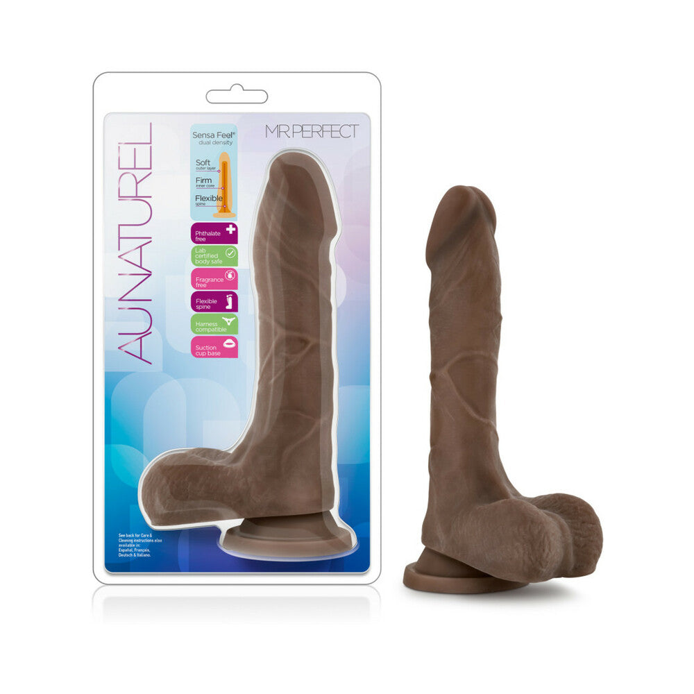 AU NATUREL MISTER PERFECT 8.5 IN. POSABLE DUAL DENSITY DILDO WITH BALLS BROWN