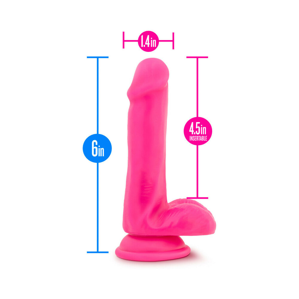 NEO ELITE 6 IN. SILICONE DUAL DENSITY DILDO WITH BALLS NEON PINK