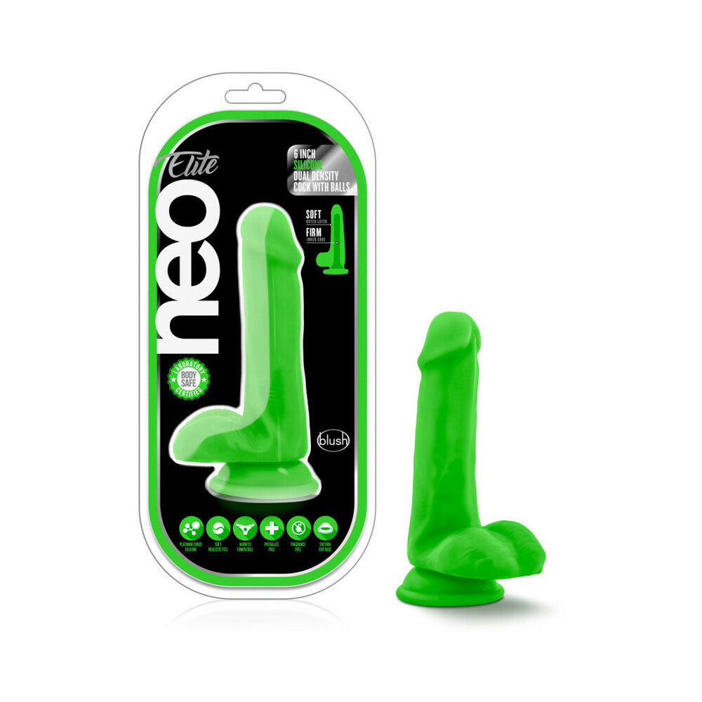 BLUSH - NEO ELITE 6 IN. SILICONE DUAL DENSITY DILDO WITH BALLS NEON