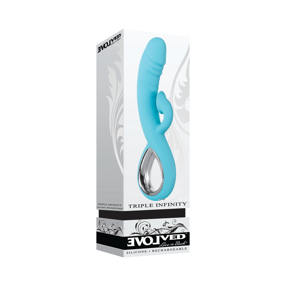 EVOLVED - TRIPLE INFINITY RECARGABLE CALEFACCIÓN SUCCIÓN SILICONA DOBLE ESTIMULADOR AZUL