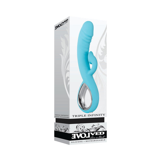 EVOLVED - TRIPLE INFINITY RECARGABLE CALEFACCIÓN SUCCIÓN SILICONA DOBLE ESTIMULADOR AZUL