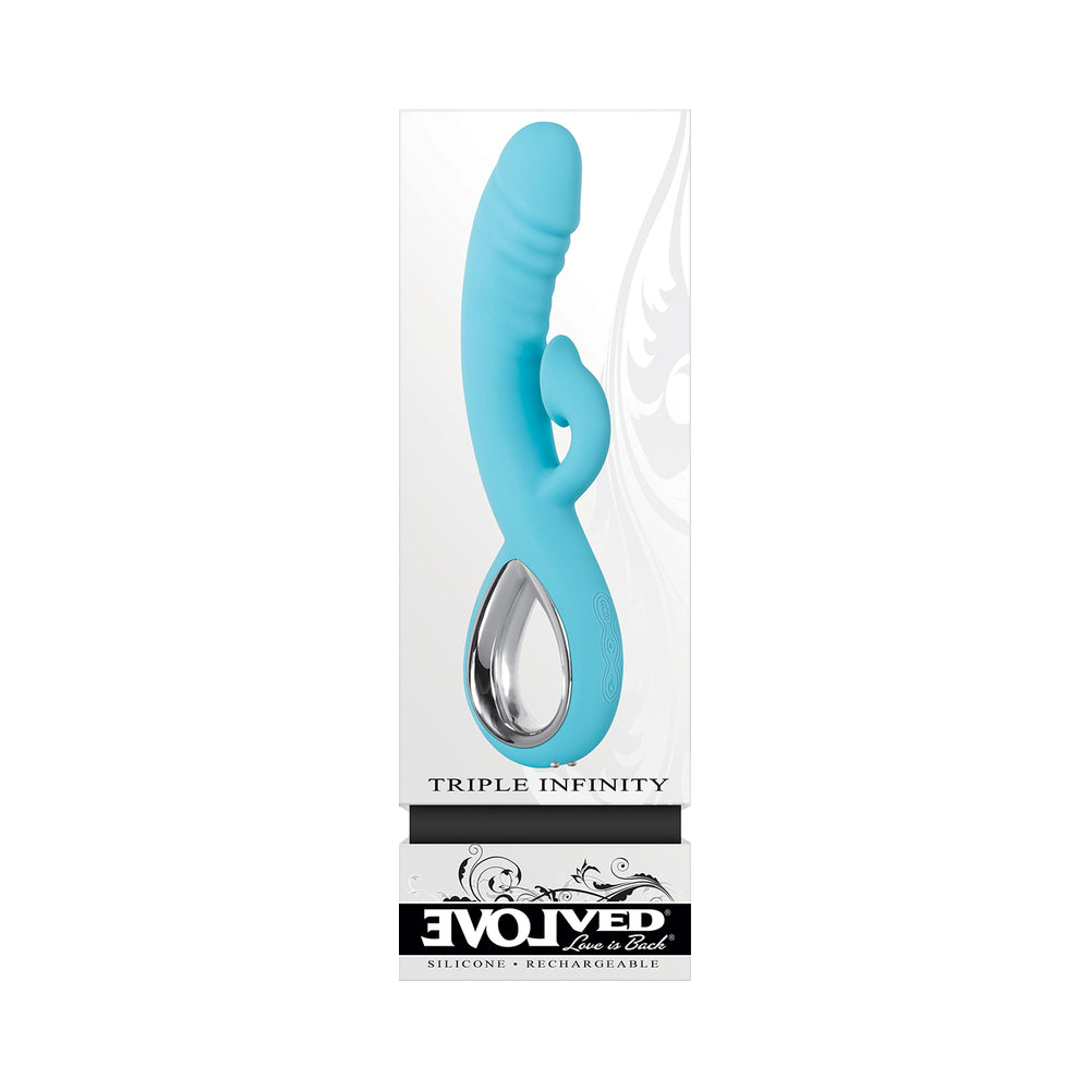 EVOLVED - TRIPLE INFINITY RECARGABLE CALEFACCIÓN SUCCIÓN SILICONA DOBLE ESTIMULADOR AZUL