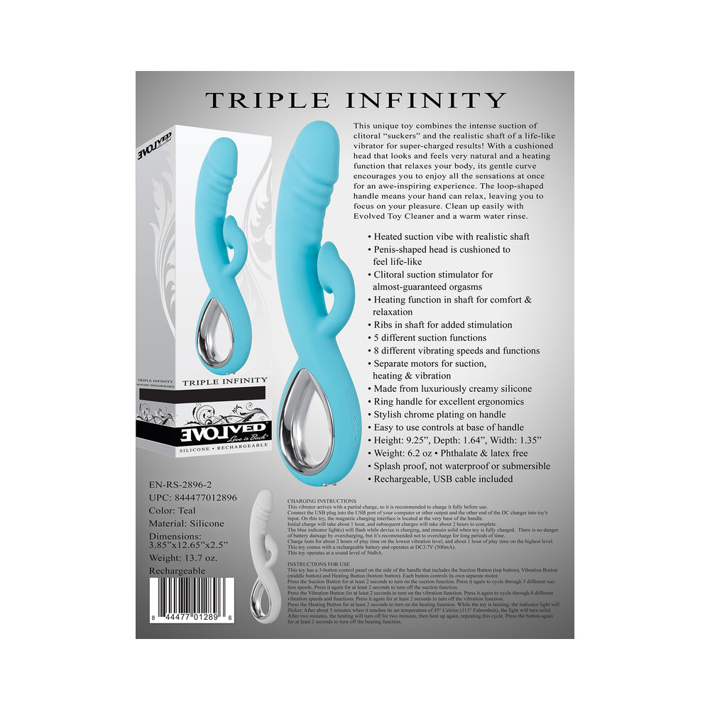 EVOLVED - TRIPLE INFINITY RECARGABLE CALEFACCIÓN SUCCIÓN SILICONA DOBLE ESTIMULADOR AZUL