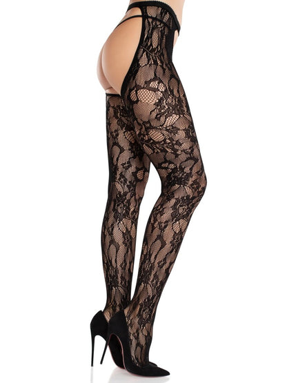 LEG AVENUE - ROSE LACE CROTCHLESS TIGHTS WITH OPEN BACK - BLACK O/S