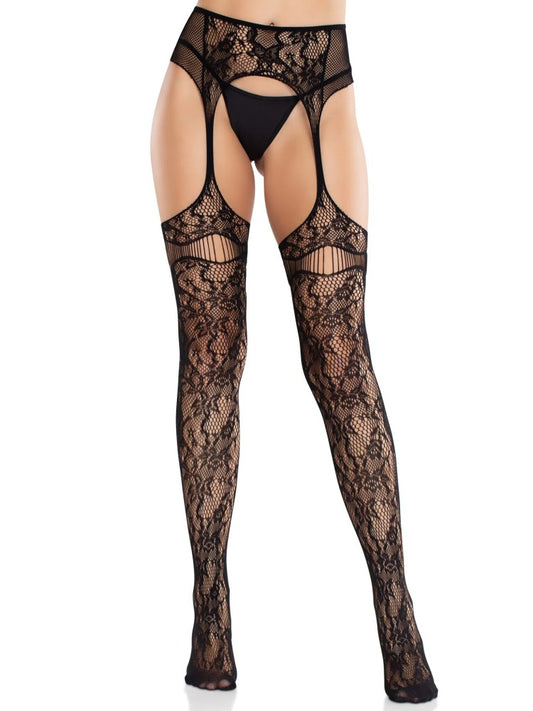 LEG AVENUE - NET STOCKINGS WITH ATTACHED GARTER BELT - BLACK O/S