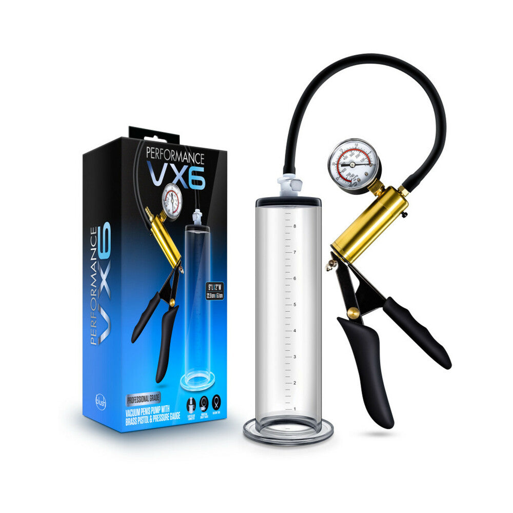 BLUSH - PERFORMANCE VX6 VACUUM PENIS PUMP WITH BRASS PISTOL & PRESSURE GAUGE CLEAR
