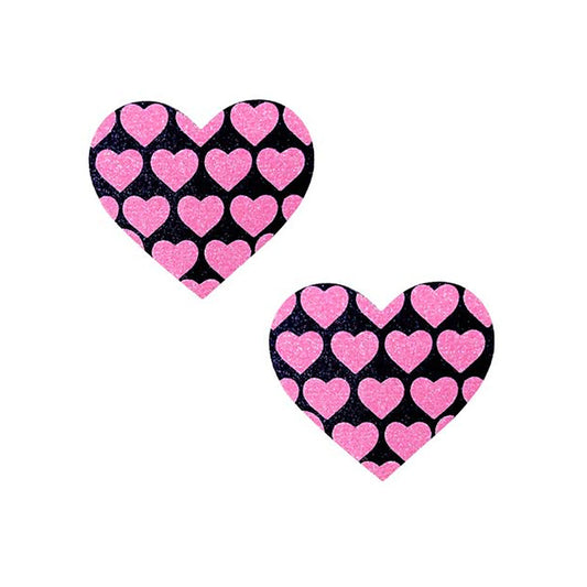 NEVA NUDE - PINK HEART UV VALENTINES BLACK GLITTER HEART NIPZTIX PASTIES