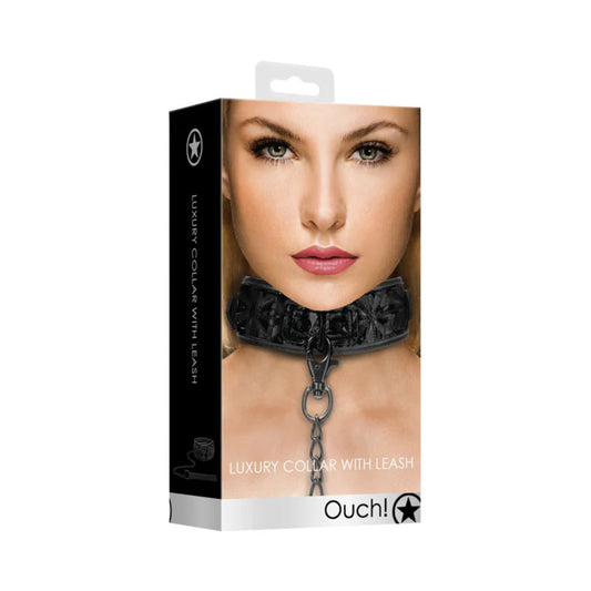 OUCH! LUXURY ADJUSTABLE COLLAR WITH LEASH BLACK