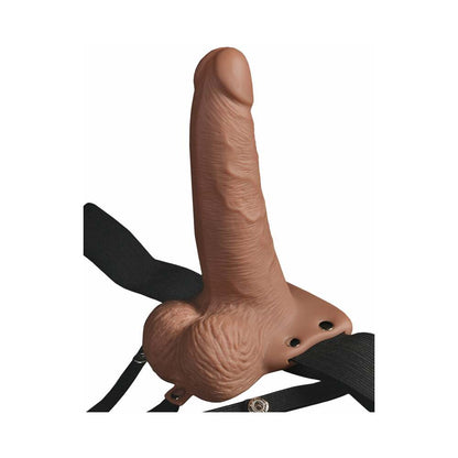 PIPEDREAM - FETISH FANTASY SERIES RECHARGEABLE VIBRATING 6 IN. HOLLOW STRAP-ON WITH BALLS TAN/BLACK