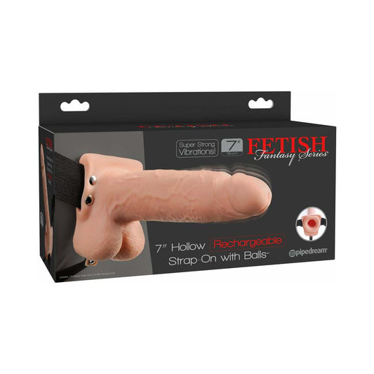 FETISH FANTASY SERIES RECHARGEABLE VIBRATING 7 IN. HOLLOW STRAP-ON WITH BALLS BEIGE/BLACK