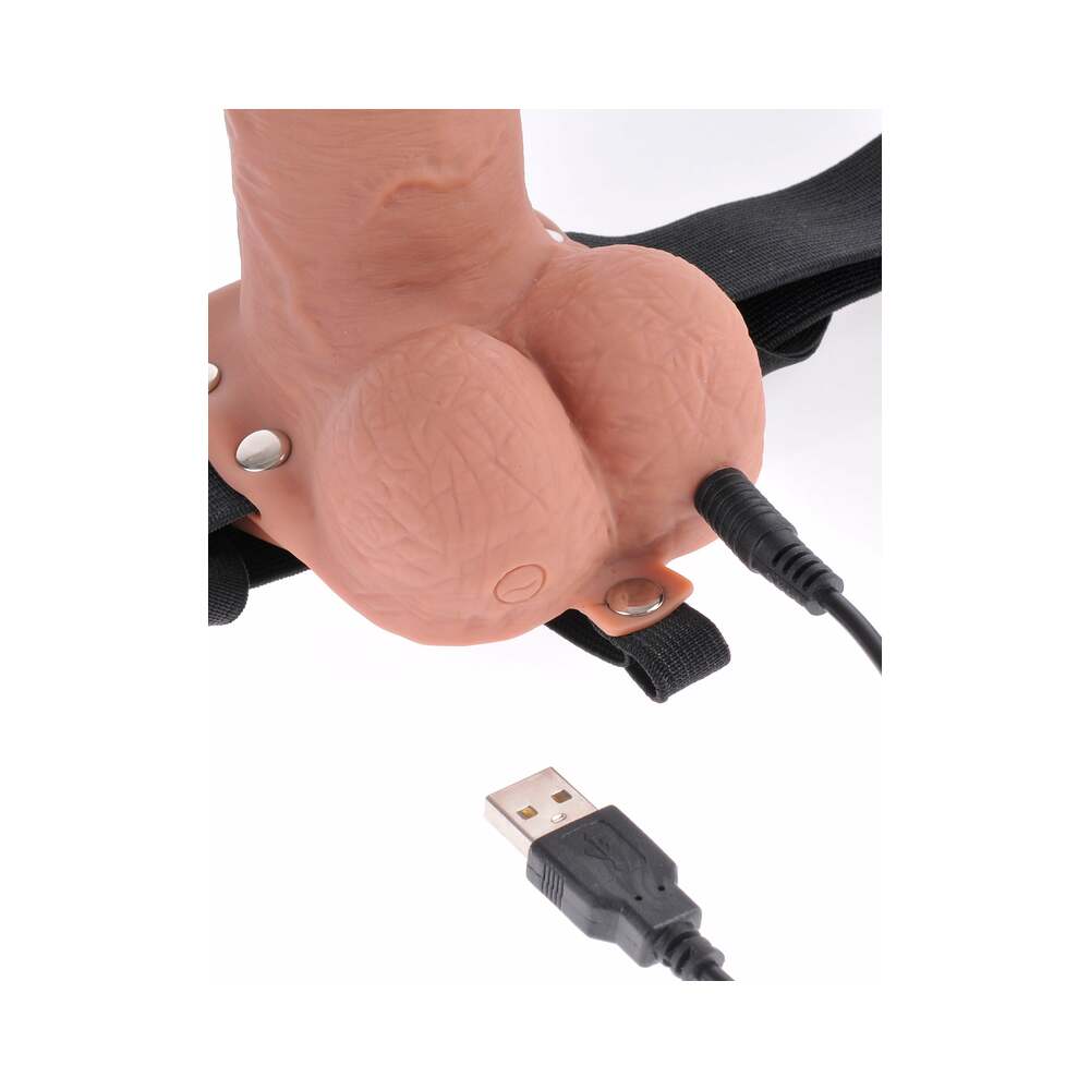 FETISH FANTASY SERIES VIBRATING 7 IN. HOLLOW STRAP-ON WITH BALLS TAN/BLACK