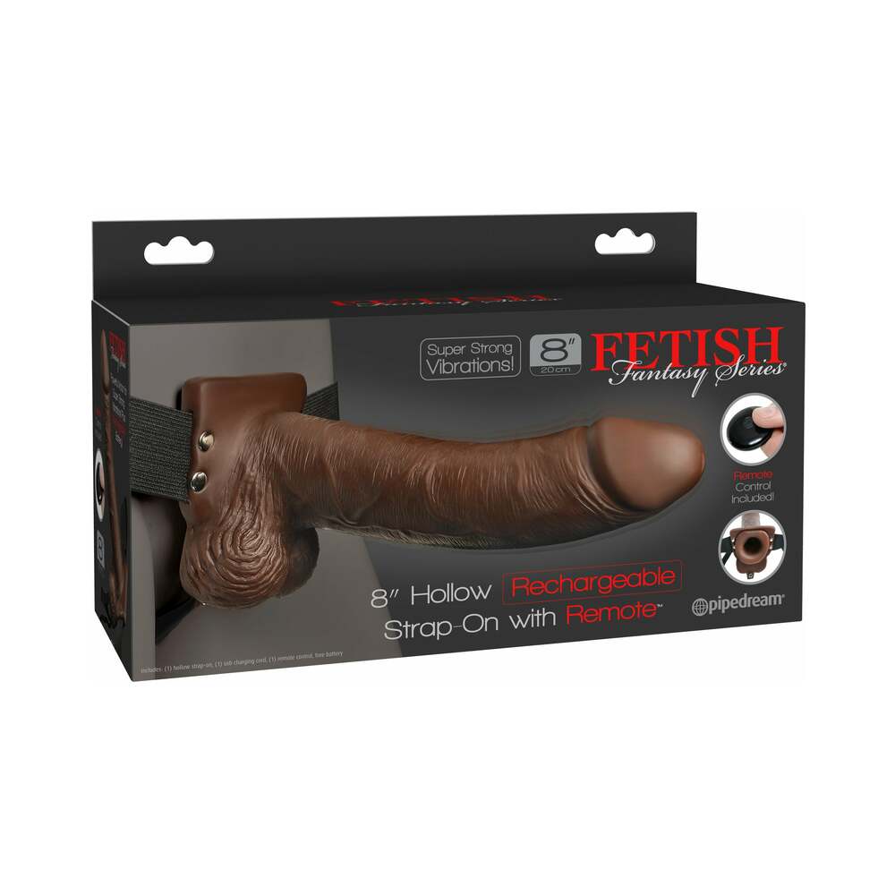 FETISH FANTASY SERIES VIBRATING 8 IN. HOLLOW STRAP-ON WITH BALLS BROWN/BLACK
