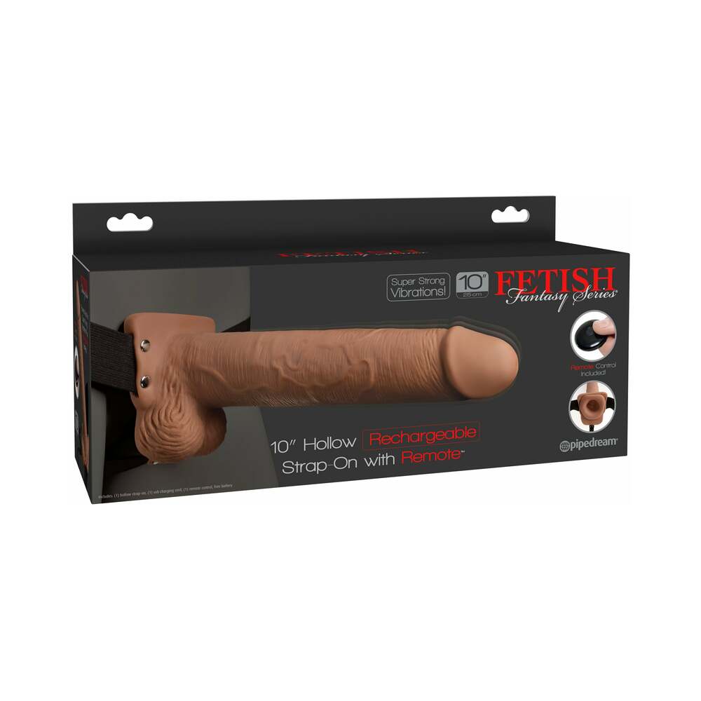 FETISH FANTASY SERIES VIBRATING 10 IN. HOLLOW STRAP-ON WITH BALLS TAN/BLACK