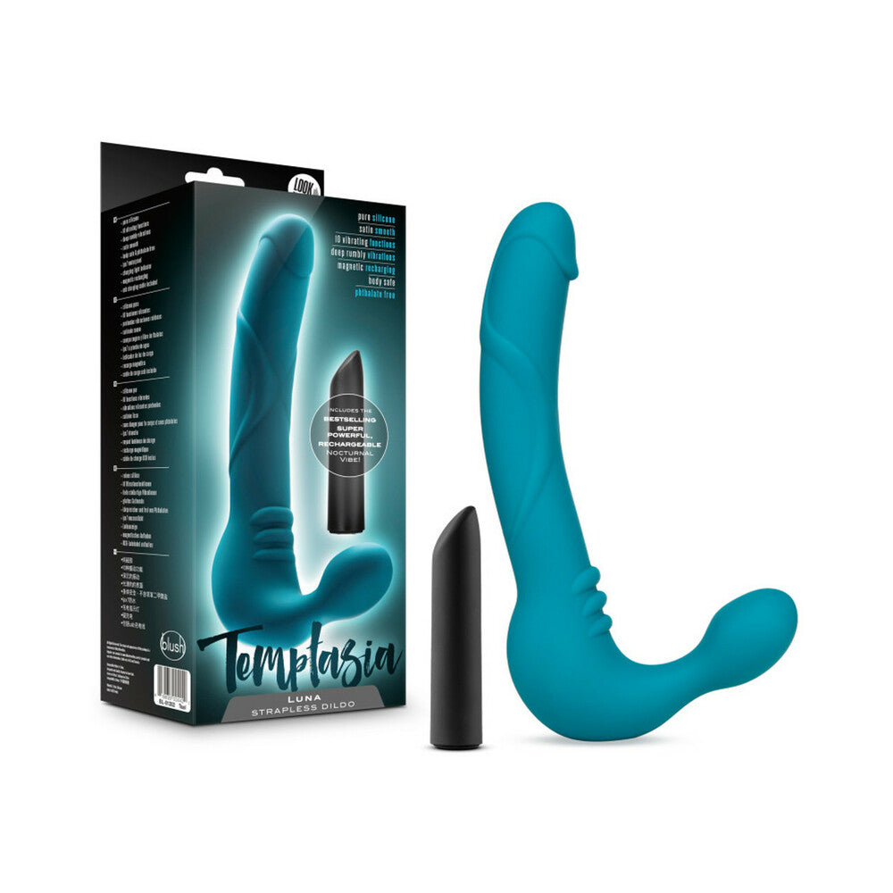 BLUSH - TEMPTASIA LUNA 9 IN. SILICONE STRAPLESS STRAP-ON DILDO WITH RECHARGEABLE BULLET VIBRATOR TEAL