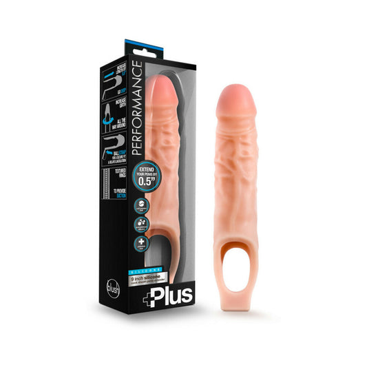 BLUSH - FUNDA DE SILICONA PARA PENE DE 9 PULGADAS PERFORMANCE PLUS, EXTENSOR DE PENE, COLOR BEIGE