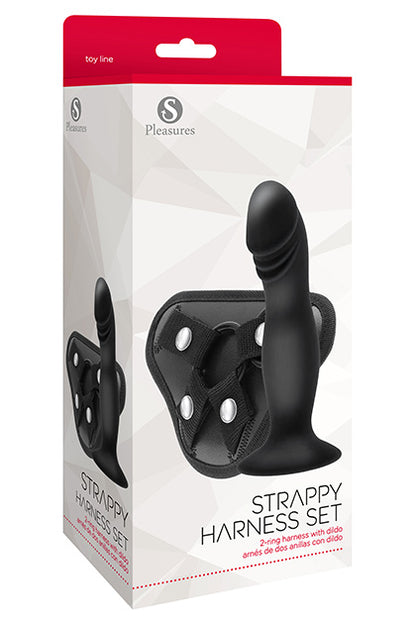 S PLEASURES - STRAPPY HARNESS SET - 2 RING HARNESS WITH DILDO BLACK