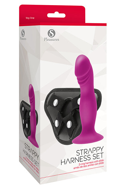 S PLEASURES - STRAPPY HARNESS SET - 2 RING HARNESS WITH DILDO PLUM