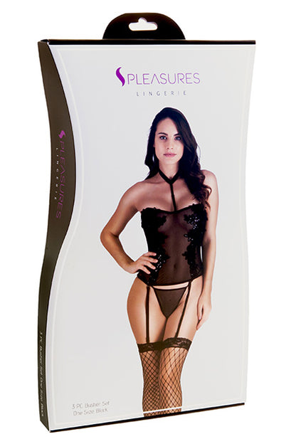 S PLEASURES LINGERIE - CONJUNTO BUSTIER FLORAL NEGRO TU