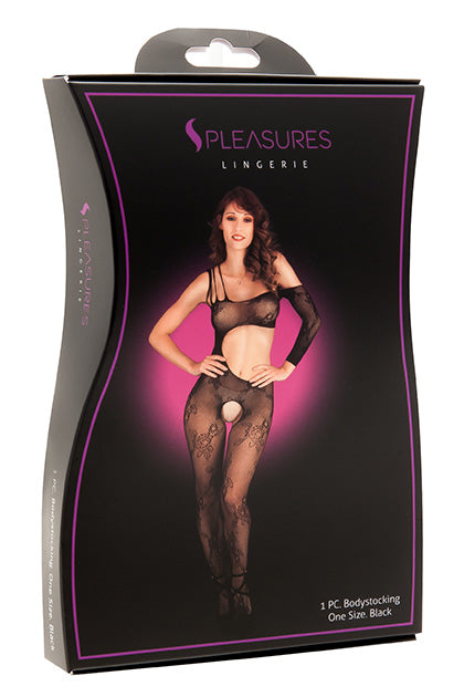 S PLEASURES LINGERIE - BODYSTOCKING FLORAL UNA MANGA NEGRO TU