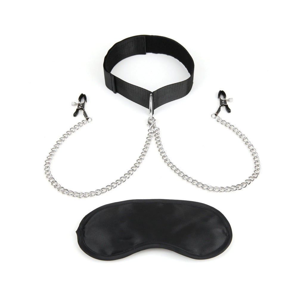 LUX FETISH COLLAR & NIPPLE CLAMPS WITH ADJUSTABLE PRESSURE