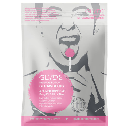 GLYDE CONDOMS - GLYDE SLIMFIT NATURAL FLAVORED STAWBERRY CONDOM 4PK