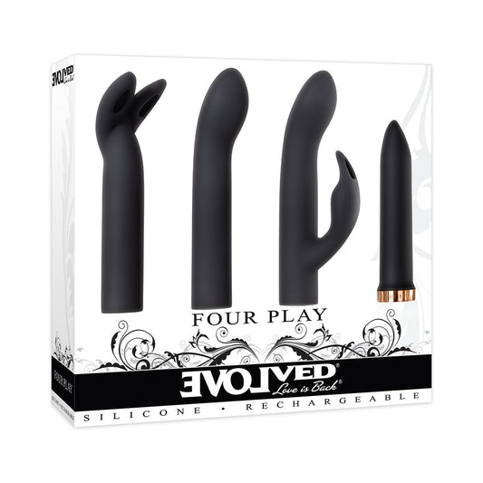 EVOLVED - FOUR PLAY RECHARGEABLE SILICONE BULLET VIBRATOR AND 3-PIECE SLEEVE SET BLACK